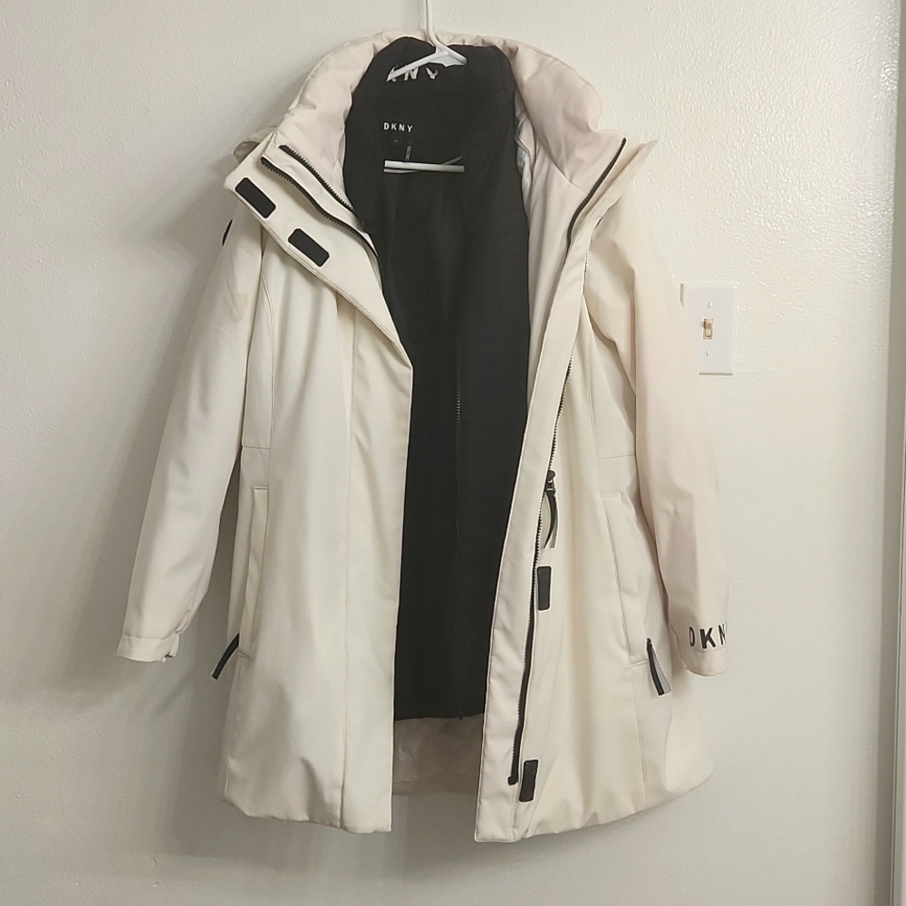 DKNY Cream and Black 2coats in one, Hooded Parka Coat